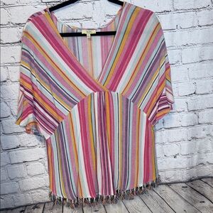 Women’s colorful striped Kori America v-neck blouse featuring tassels sz large